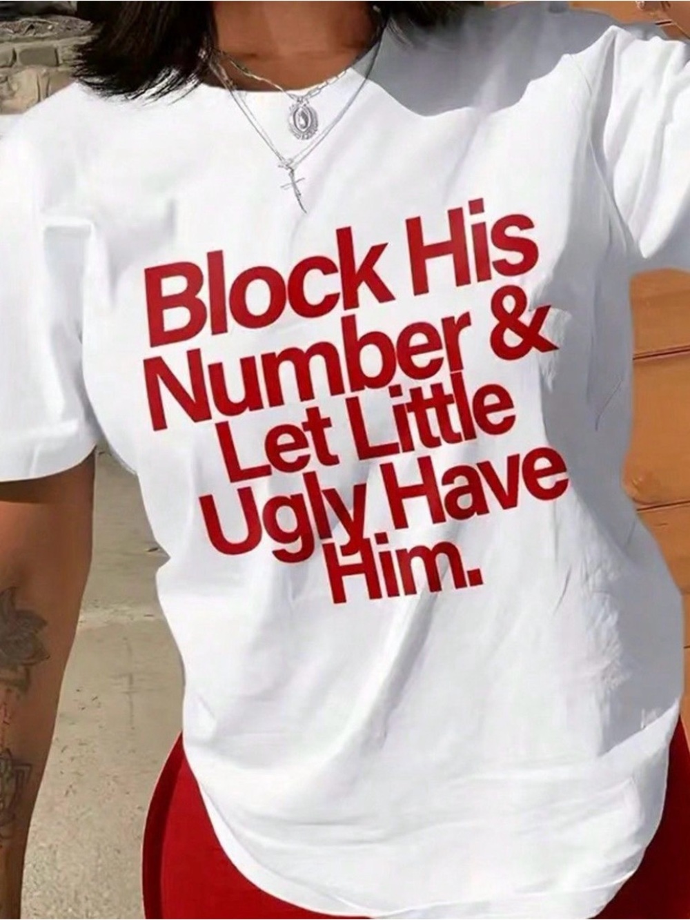 Block His Number... White Short-Sleeve Graphic Tee with Red Text - Women
